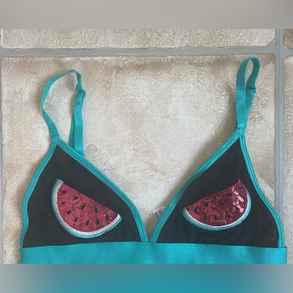 Watermelon sequined teal/red/black lightweight no underwire bra; size M